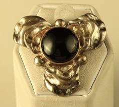Vintage Handmade Hammered Signed Sterling Silver EK Black Onyx Stone Brooch Pin - £42.83 GBP
