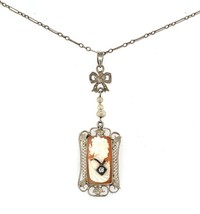 14k White Gold Art Deco Cameo Filigree Pendant Jewelry (#J5391) - £360.00 GBP