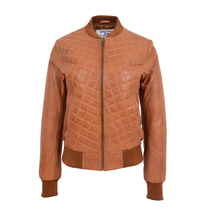 Women&#39;s Quilted Stitching Retro 70s 80s Bomber Sheep Nappa Jacket Tan DR211 - £138.70 GBP