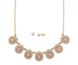 Pear Drop Pink Crystal Gp Necklace Earrings Set 14K Gold - £55.94 GBP