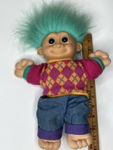 Russ Berrie Vtg 12&quot; Kidz Troll Doll Soft Body Teal Hair Pink Sweater Den... - $18.57