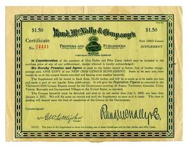 Rand McNally Certificate for 1910 Census Supplement to Atlas - $34.61