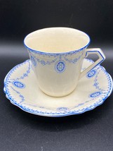 C&amp;E Teacup and Saucer, white bone china blue swags and floral medallions... - $17.75