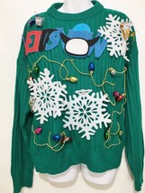 Ugly Christmas Sweater M Todays News Green Let It Snow Flakes Gold Beads - £22.24 GBP