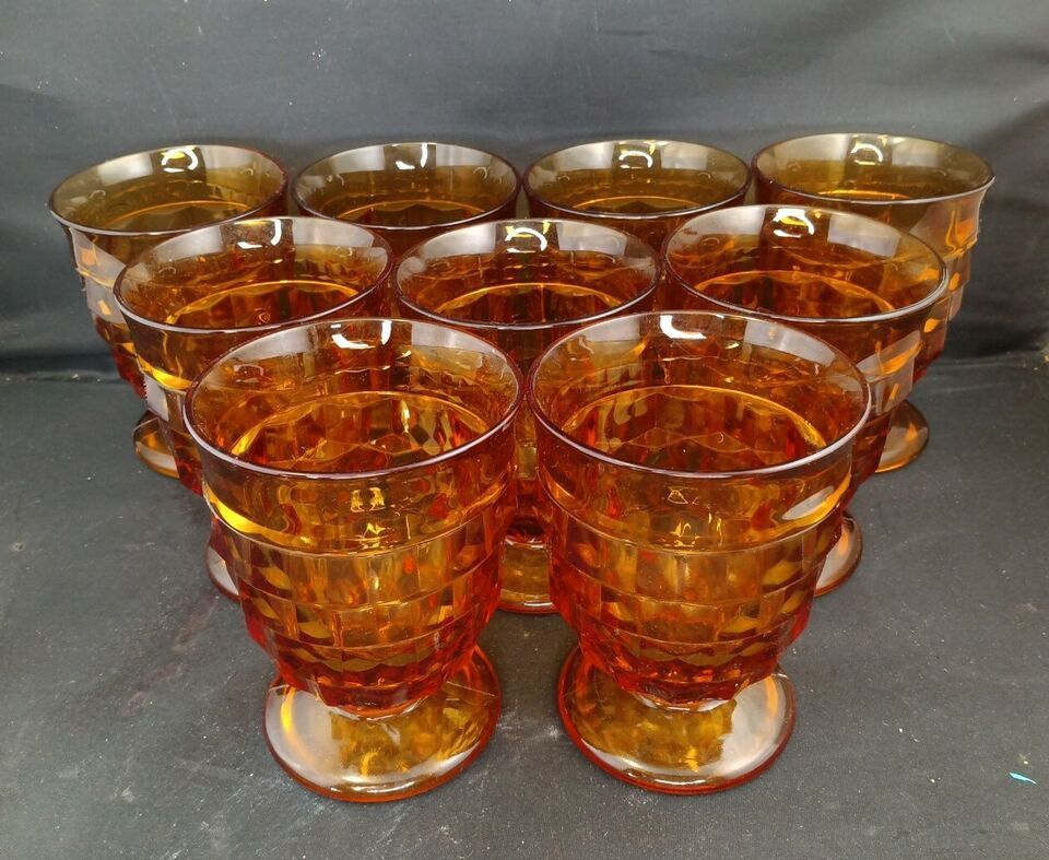 Colony Whitehall Amber Footed Tumbler Glasses Set of 9 Vintage Pressed M... - $45.00