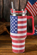 Red Rhinestone American Flag Print Handled 40oz Thermos Tumbler - $48.99