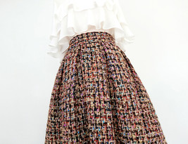 Winter Pink Midi Skirt Outfit Women A-line Plus Size Pleated Tweed Skirt image 13