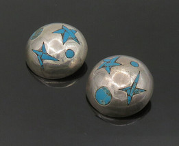 TAXCO 925 Silver  - Vintage Inlaid Turquoise Non Pierce Dome Earrings - EG11314 - £71.74 GBP