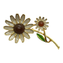 Vintage WEISS Brooch Signed Gold Tone Enamel Double Daisy Flower Pin Boho - £15.81 GBP