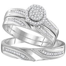 Sterling Silver His Hers Round Diamond Cluster Matching Bridal Wedding R... - $4,091.35 MXN