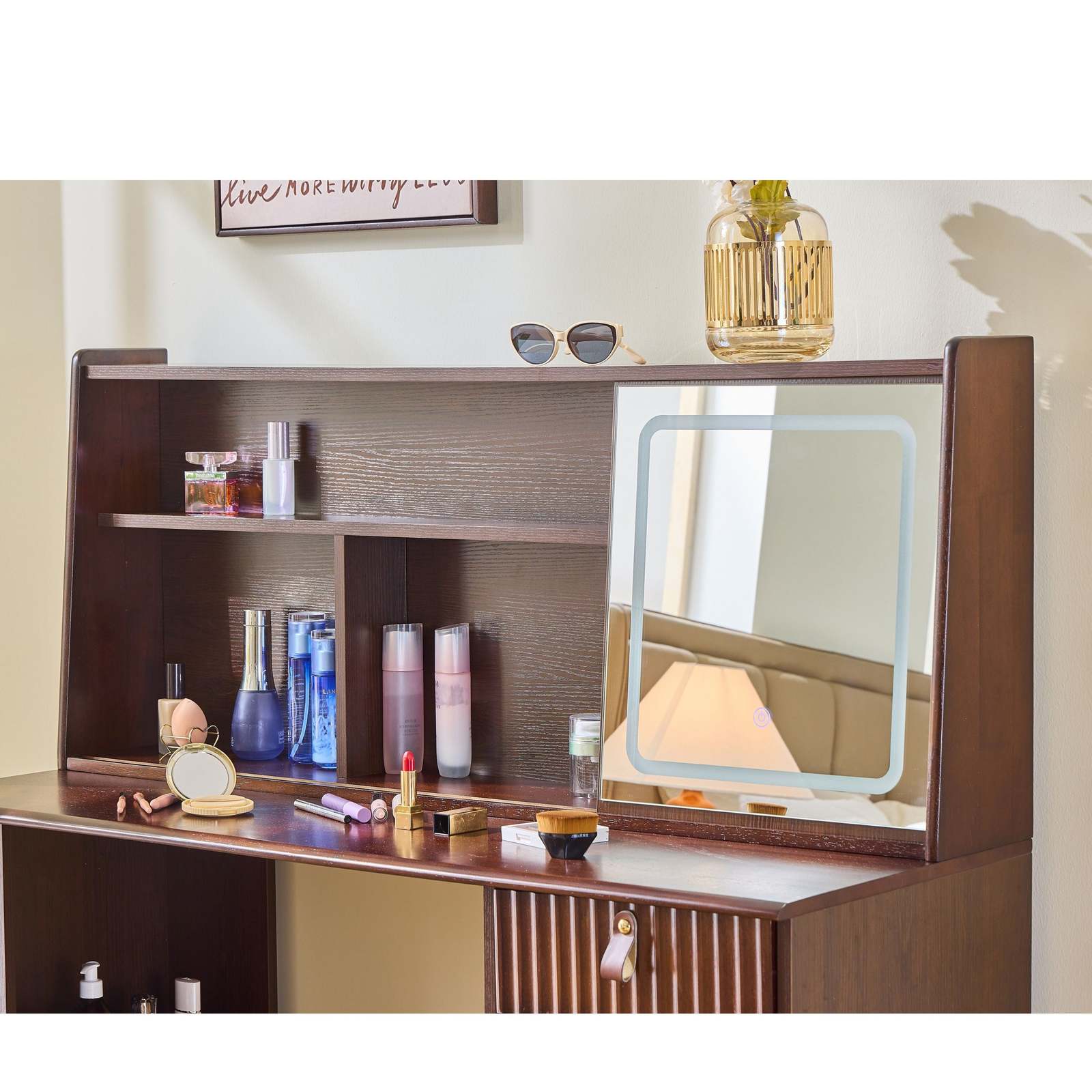 Modern Walnut Makeup Vanity Desk: Lighted Mirror & Storage Item image 9