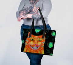 Smiling Orange Cat Abstract Art Vegan Leather Tote Bag Handbag Shoulder Bag - £78.33 GBP