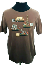 Victoria Jones T-Shirt Women&#39;s Size Large Brown Casual Embellished Zoo Animals - £11.68 GBP