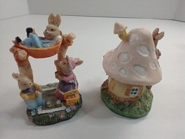 Easter Bunny Picnic and Mushroom House Figurine - £14.78 GBP