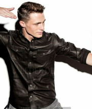 Stylish Handmade Black Shirt Men Real Lambskin Soft Leather Formal Wear ... - £83.04 GBP