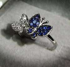 1.80Ct CZ Blue  Sapphire Two Butterfly Engagement Ring 14K White Gold Plated - £107.88 GBP