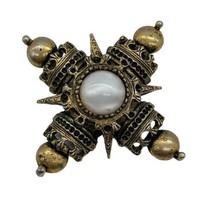 Vintage Gold Faux Moostone Maltese Cross Pendant Brooch Metal 1.75&quot; - £30.46 GBP