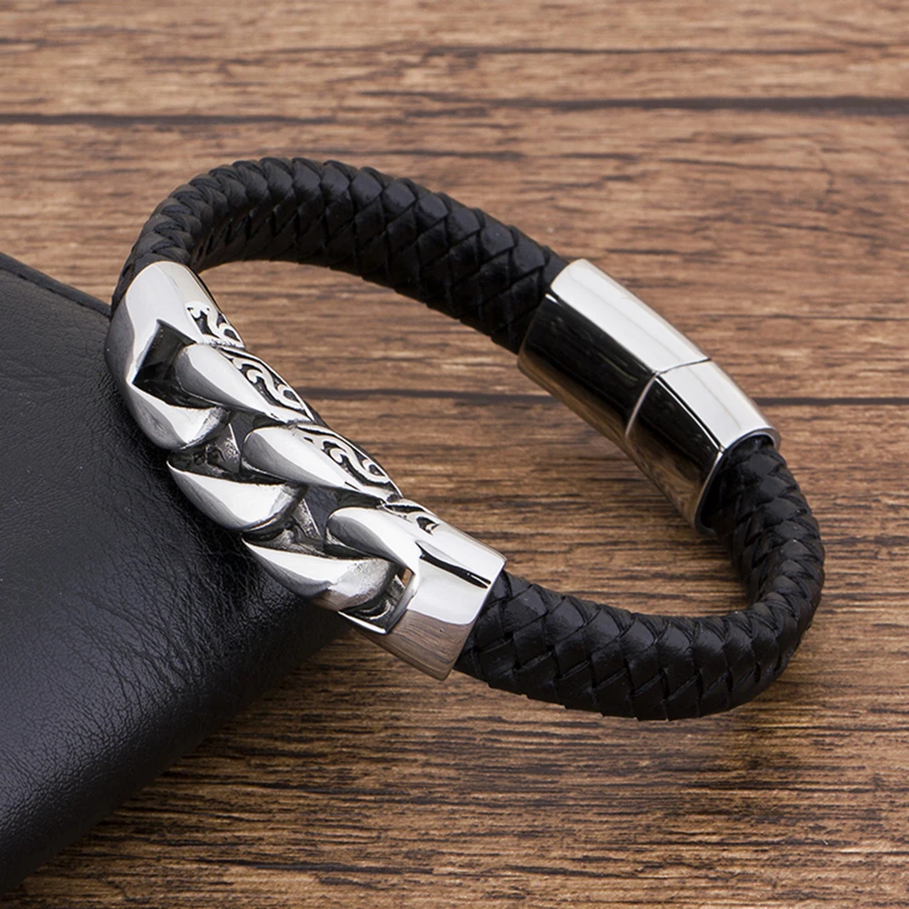Charm Genuine Leather  Black Stainless Steel Magnetic hk Bracelet Men  Birthday  - £15.95 GBP