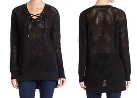 Michael Kors Black Open Knit Pullover Lace Up Mesh Netted Sweater Size XS - $16.63