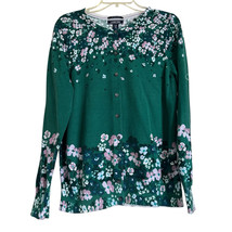 Lands End Green Floral Knit Cardigan Sweater Sz L 14-16 Tall Button Up  - $27.60