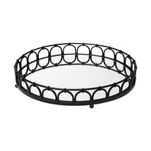 20&quot; Matte Black Metal Half Circles And Mirrored Glass Round Tray - £150.59 GBP