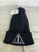 Harry Potter Deathly Hallows Logo Black Knit Pom Slouch Beanie Hat Cap Adult NEW - £19.31 GBP