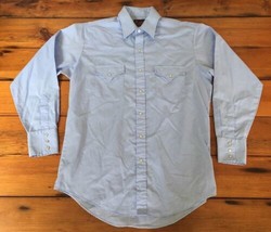 Vtg Plains Western Wear Blue Cotton Long Sleeve Pearl Snaps Cowboy Shirt M 46&quot; - £23.46 GBP