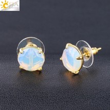 CSJA Natural Stone Stud Earrings Round Pink Crystal Quartz Gem Beads Gold-Color  - £6.91 GBP