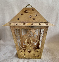 Christmas Angels &amp; Stars Gold Votive Tealight Hanging Lantern Candle Holder 10” - £12.78 GBP