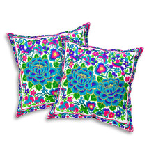 Lustrous Blue Gardenia Flower Garden Embroidery Throw Pillow Cover Set of 2 - £24.92 GBP