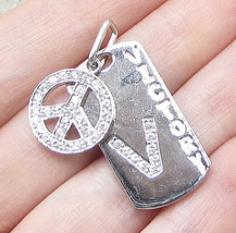 925 Sterling Silver - Cubic Zirconia Peace &amp; Victory Tag Drop Pendant - PT1368 - £24.21 GBP