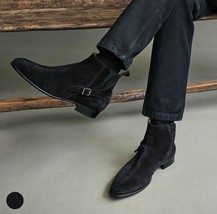 Handmade men&#39;s black suede leather ankle strap boots US 5-15 - £117.98 GBP+