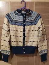 Handmade In Norway Ginger Rynne 100% Wool Cardigan Sweater Blue White - £79.89 GBP