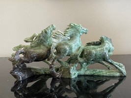 Vintage Chinese Hand Carved Green and Dark Brown Jade 6 Horse Group Figurine - £790.57 GBP