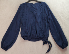 Aéropostale Blouse Top Womens Medium Navy Rayon Embroidered Floral Wrap V Neck - £13.77 GBP