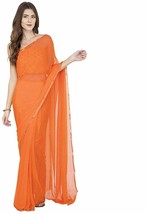 Women Chiffon Plain Ethnic Dress Saree with Blouse Piece Orange Color Pack 1Pcs - £15.34 GBP