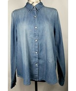 Chelsea &amp; Violet Blue Chambray Pearl Snap Split Back Roll Tab Sleeve Shi... - £31.29 GBP