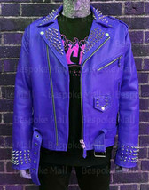 New Men&#39;s Blue Silver Spiked Punk Unique Cowhide Biker Leather Jacket Belted-706 - £298.19 GBP