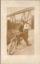 RPPC Young Men with Motorbike Below Railroad Bridge Postcard Y17 - £15.58 GBP