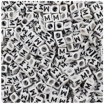 BeadTin White Opaque 6mm Cube Plastic Alphabet Beads- Black Letter M (80... - $2.09