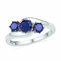 10k White Gold Round Lab-Created Blue Sapphire 3-stone Fashion Ring 1-1/2 Ctw - £225.20 GBP