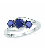 10k White Gold Round Lab-Created Blue Sapphire 3-stone Fashion Ring 1-1/... - £231.18 GBP