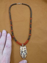 (j-wolf-6) Brown black Wolf head aceh bovine bone carving bead necklace ... - $38.56