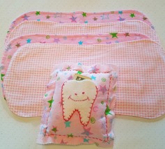 Pink Burp Cloths and Tooth Fairy Pillow Star Gingham Lot of 4 Reversible - £20.78 GBP