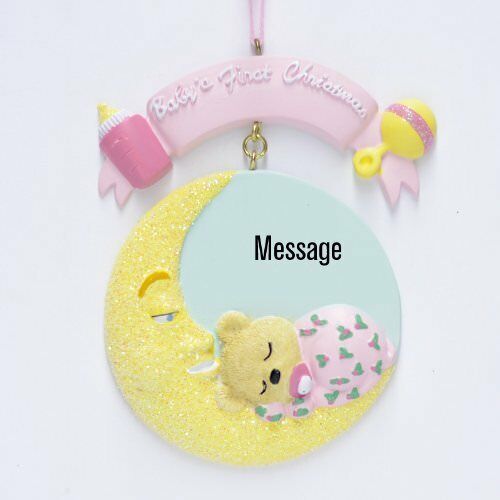 An item in the Home & Garden category: Baby Moon Pink Personalized Christmas Tree Ornament