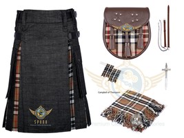 Scottish Utility Kilt Black Denim Camel Thompson Tartan Hybrid Kilt Package - $85.00