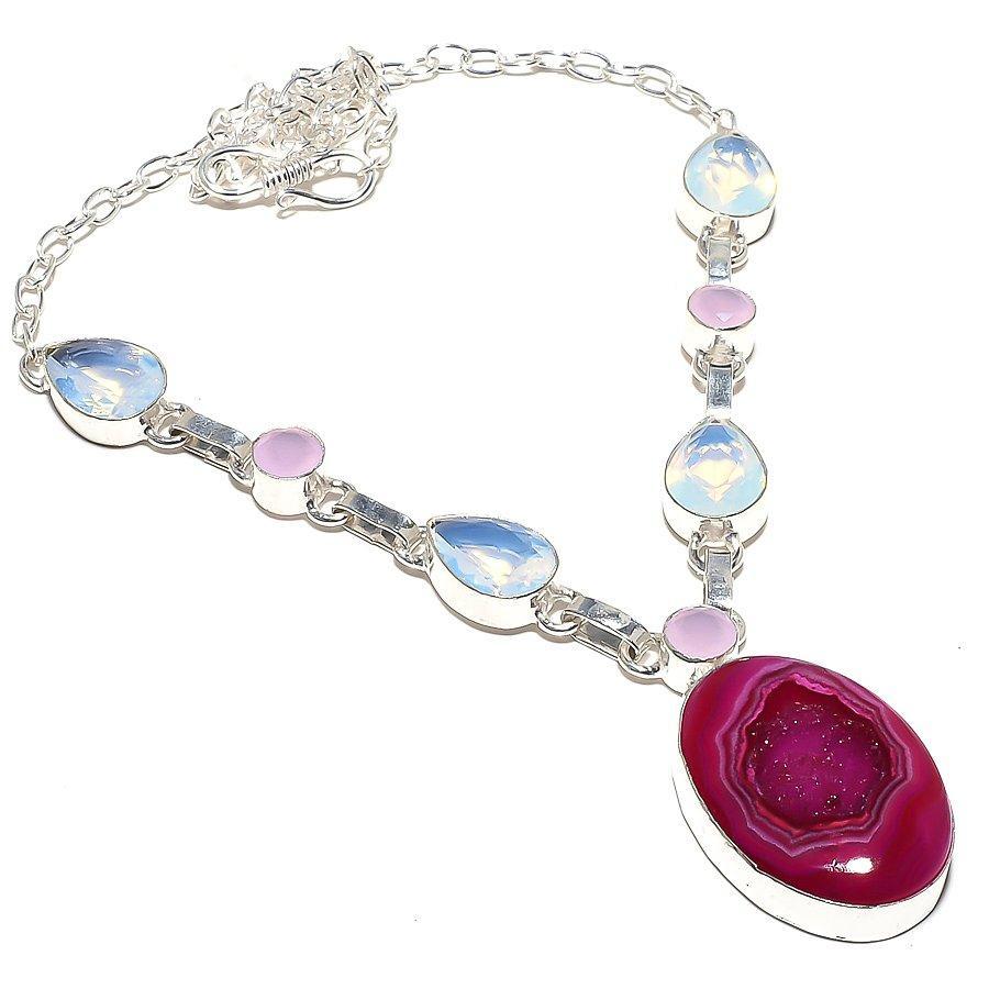 Pink Geode Druzy, Milky Opal Jewelry Necklace 18" RN29 - $9.99