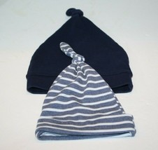 Navy Blue Stripe Cotton Baby Boys Knotted Hat Caps 0 - 12 Month Infant Lot of 2 - £7.79 GBP