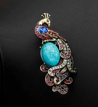 Stunning Vintage Look Gold Plated Peacock Turquoise Stone Queen Brooch Broach H2 - £15.04 GBP