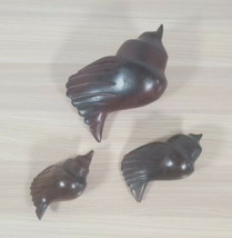 Set of 3 Conch Sea Shell Carving Dark Wooden Statues Wood Carved Standing MCM - $27.66